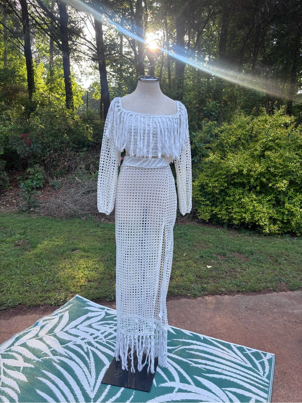 Bohemian Crochet Fringe Maxi Dress in White